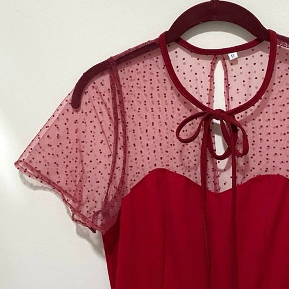 Red Party Dress Size Juniors Medium Dotted Swiss Yoke Fit & Flare Zip Back - Picture 9 of 12